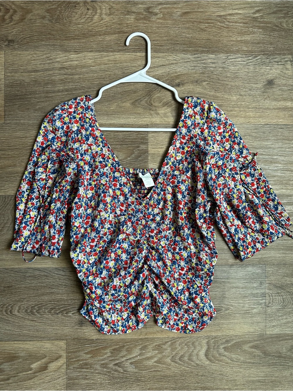 H&M Floral Rouched Puff Sleeve Crop Top Blouse Size M Red Blue Yellow